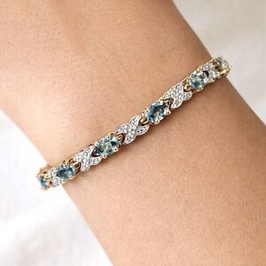 925 Sterling Silver Gold Vermeil Aquamarine X Link Tennis Bracelet Blue Gem 7.5"
